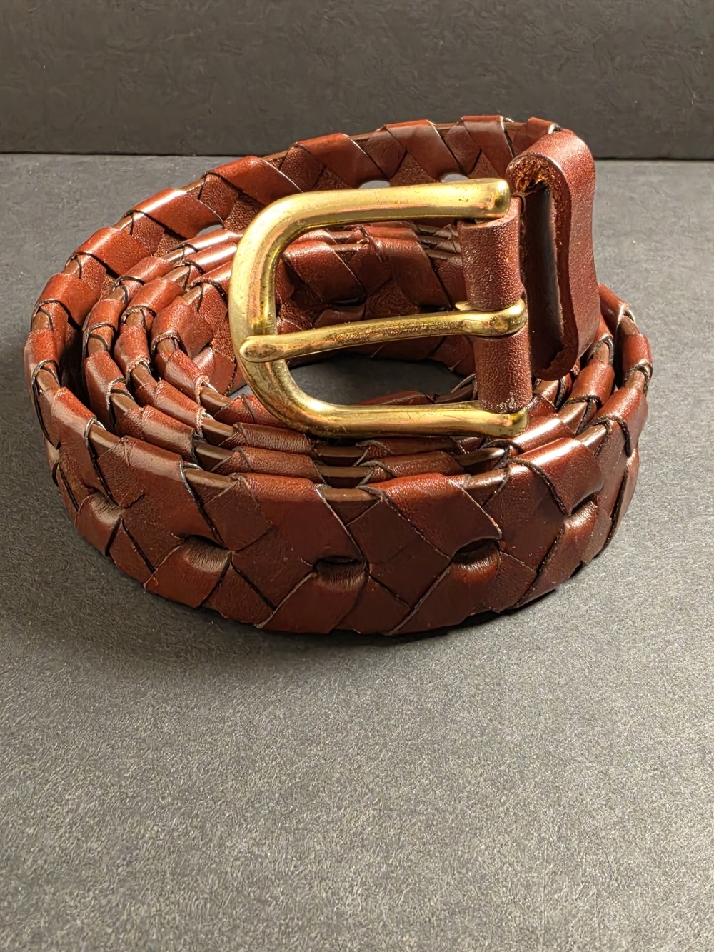 Lauren Ralph Lauren Woven Leather Belt in Chestnut Brown with Gold Buckle